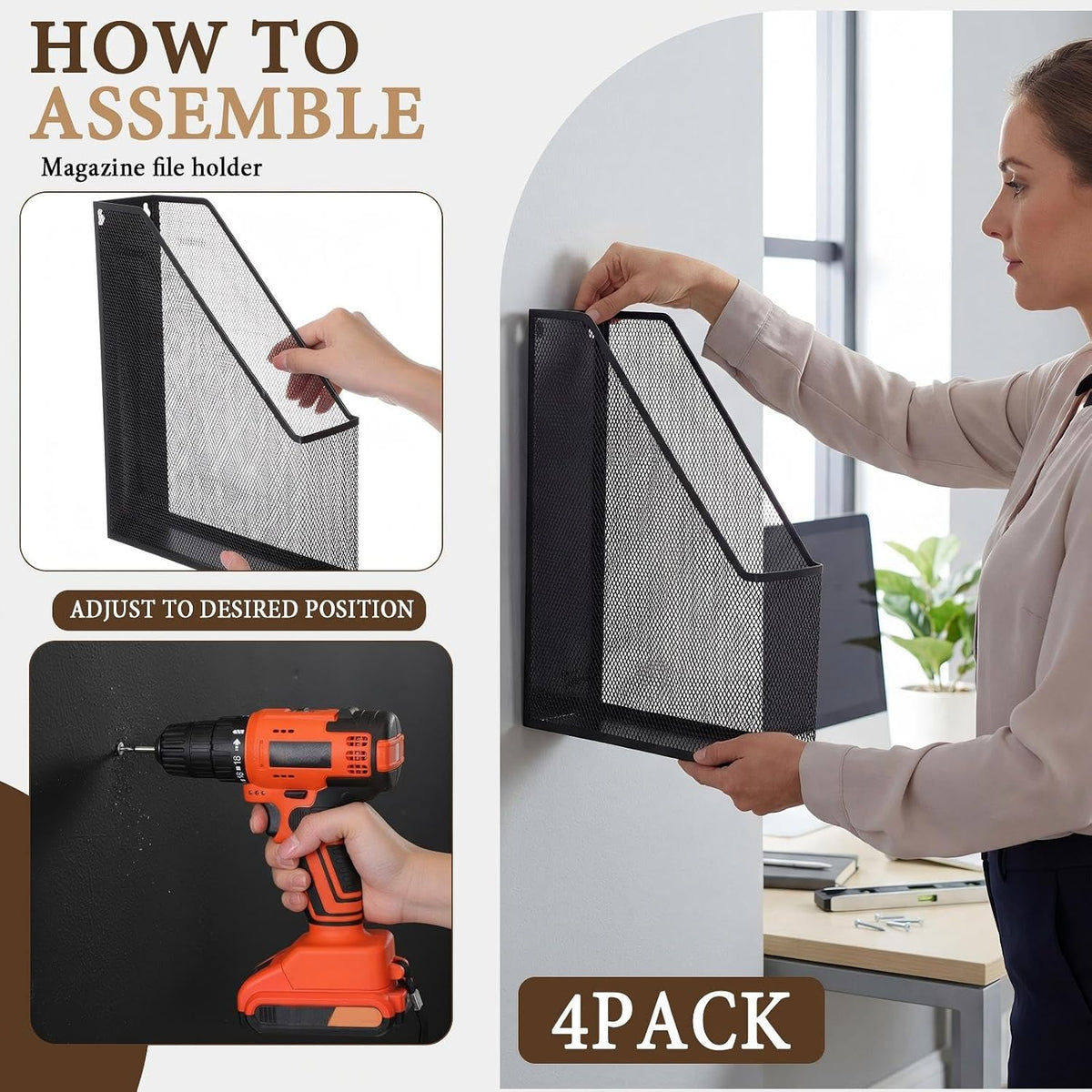 Sliner 4 Pack Metal Magazine Holder Black Mesh Steel Document Rack 1 Section File Organizer Extra Wide Magazine Folder Storage Desk Tidy for Office Home, 12.6”x 9.8”x 3”