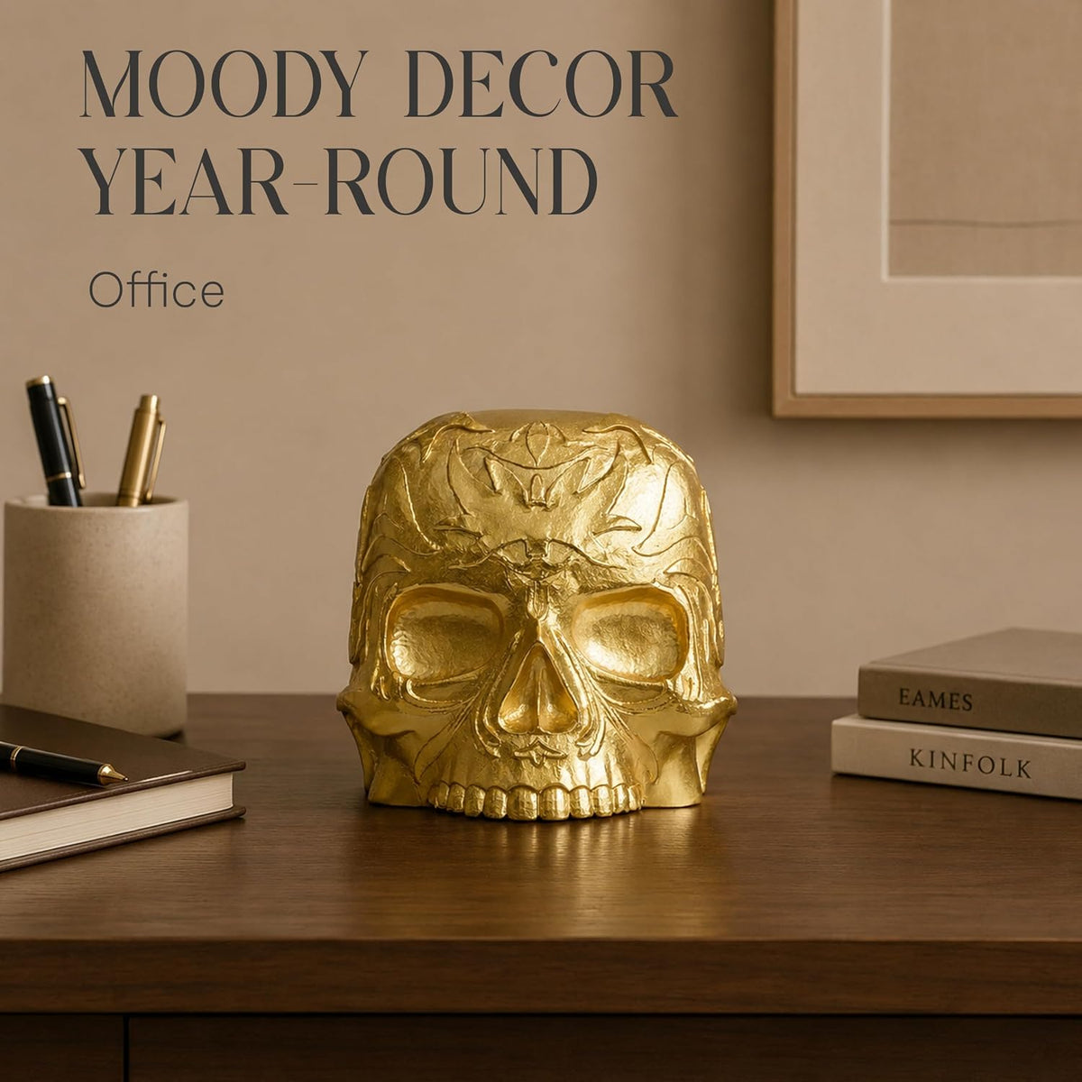 Gothic Skull Tissue Box Cover, Gold, Square by Death Decor