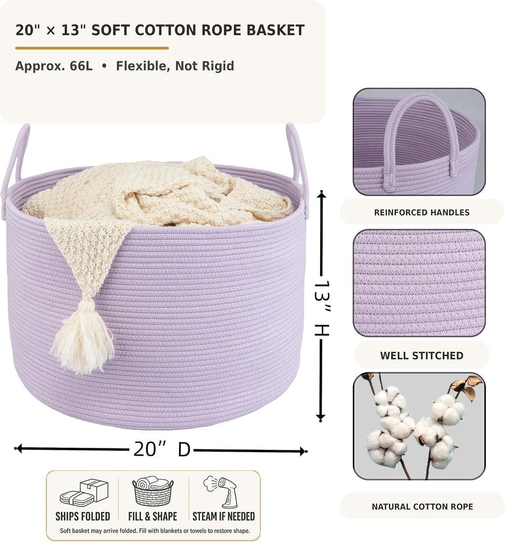 XUANGUO 66L Large Blanket Basket, Round Cotton Rope Basket, Purple