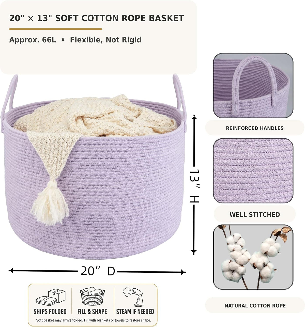 XUANGUO 66L Large Blanket Basket, Round Cotton Rope Basket, Purple