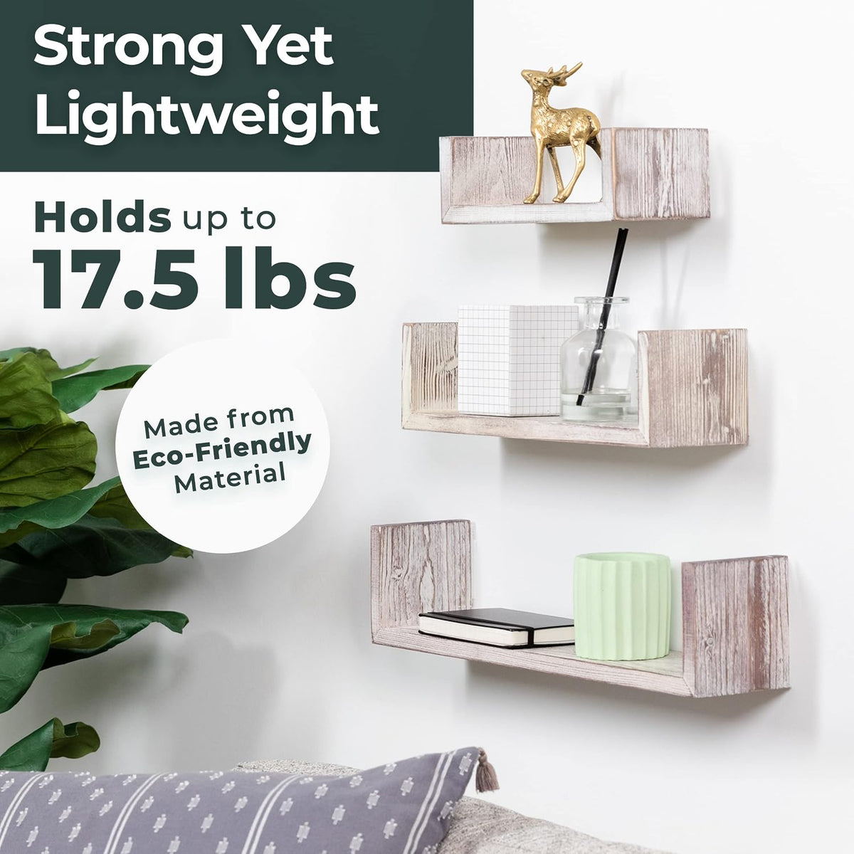 Greenco Set of 3 Floating “U” Shelves, Easy-to-Assemble Floating Wall Mount Shelves for Bedrooms and Living Rooms, Rustic Finish (Pack of 2)