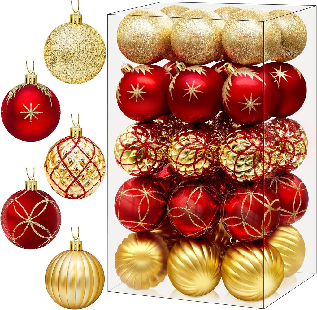 2.5 Inch Christmas Ball Ornaments, 30-Piece Set, Red, Gold