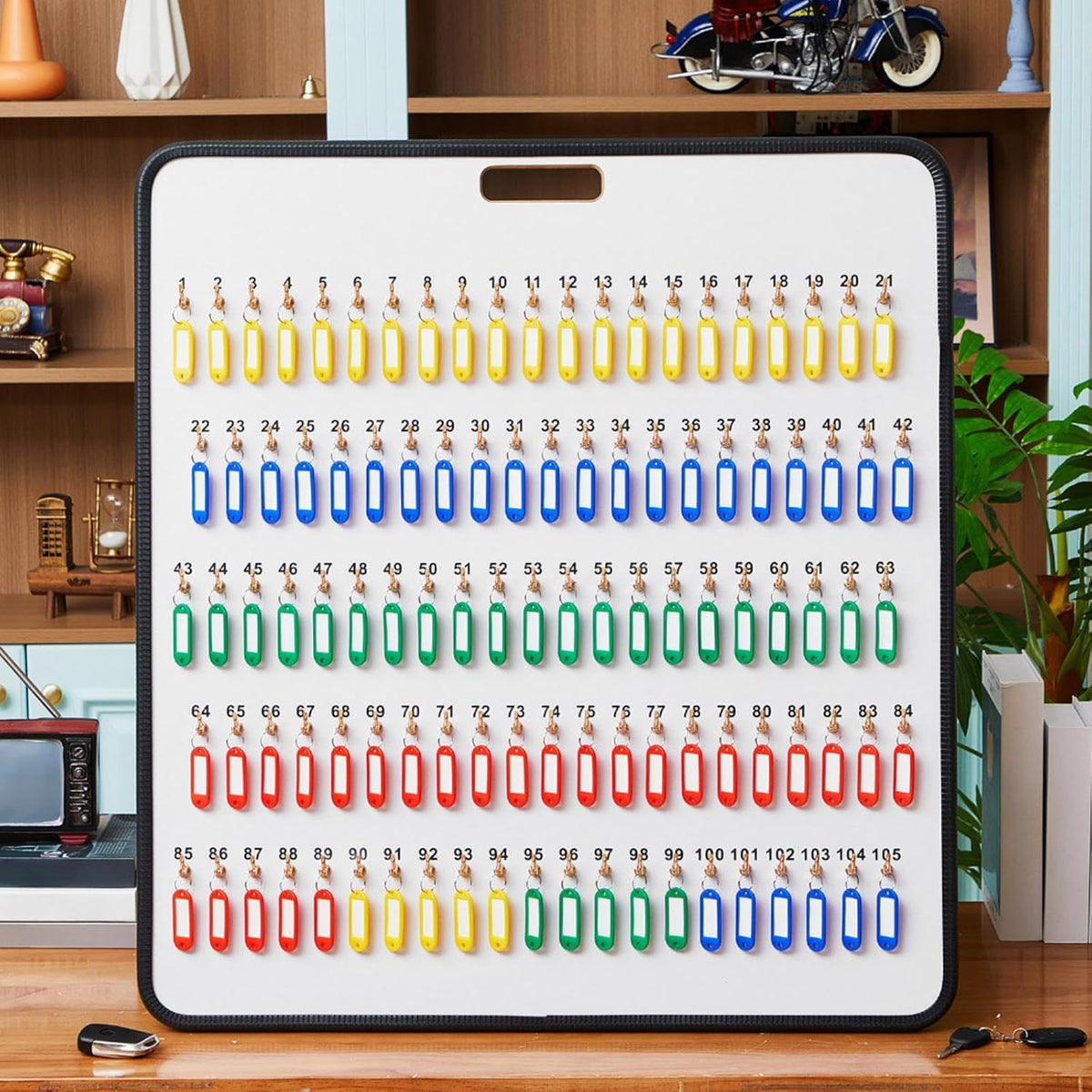 RattanView Key Hook Board Rack with 120 Pcs Plastic Tags Set 31.9 x 29.5 Inch Key Holder Wall Mount Organizer with 105 Hooks Self Closing Tabs Colored Labels for Car Hotels Office House Storage