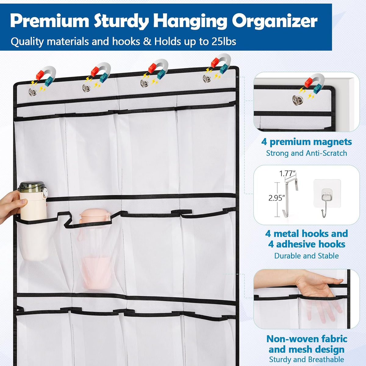 Over The Door Cruise Ship Organizer with 21 Size-Graded Pockets White