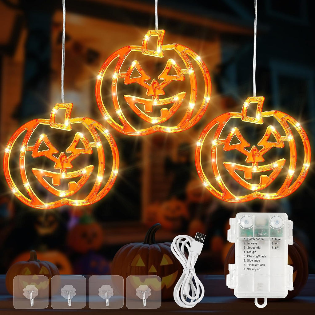 Halloween Window Lights,3 Pack 48LED Pumpkin Lights,Dual Power