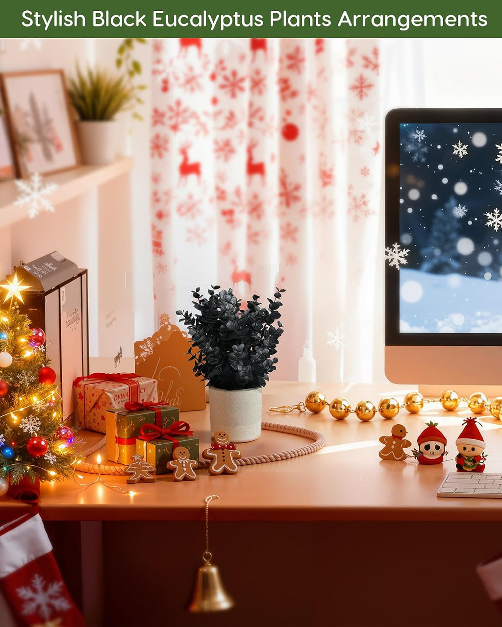 Velener 2 PCS Small Fake Eucalyptus Plant Halloween Artificial Potted Plants Indoor for Christmas Decor Indoor Realistic Faux Plant for Office, Bathroom, Living Room, Desk, Shelf, Home Decor (Black)