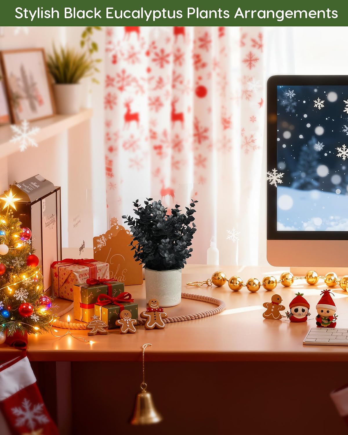 Velener 2 PCS Small Fake Eucalyptus Plant Halloween Artificial Potted Plants Indoor for Christmas Decor Indoor Realistic Faux Plant for Office, Bathroom, Living Room, Desk, Shelf, Home Decor (Black)