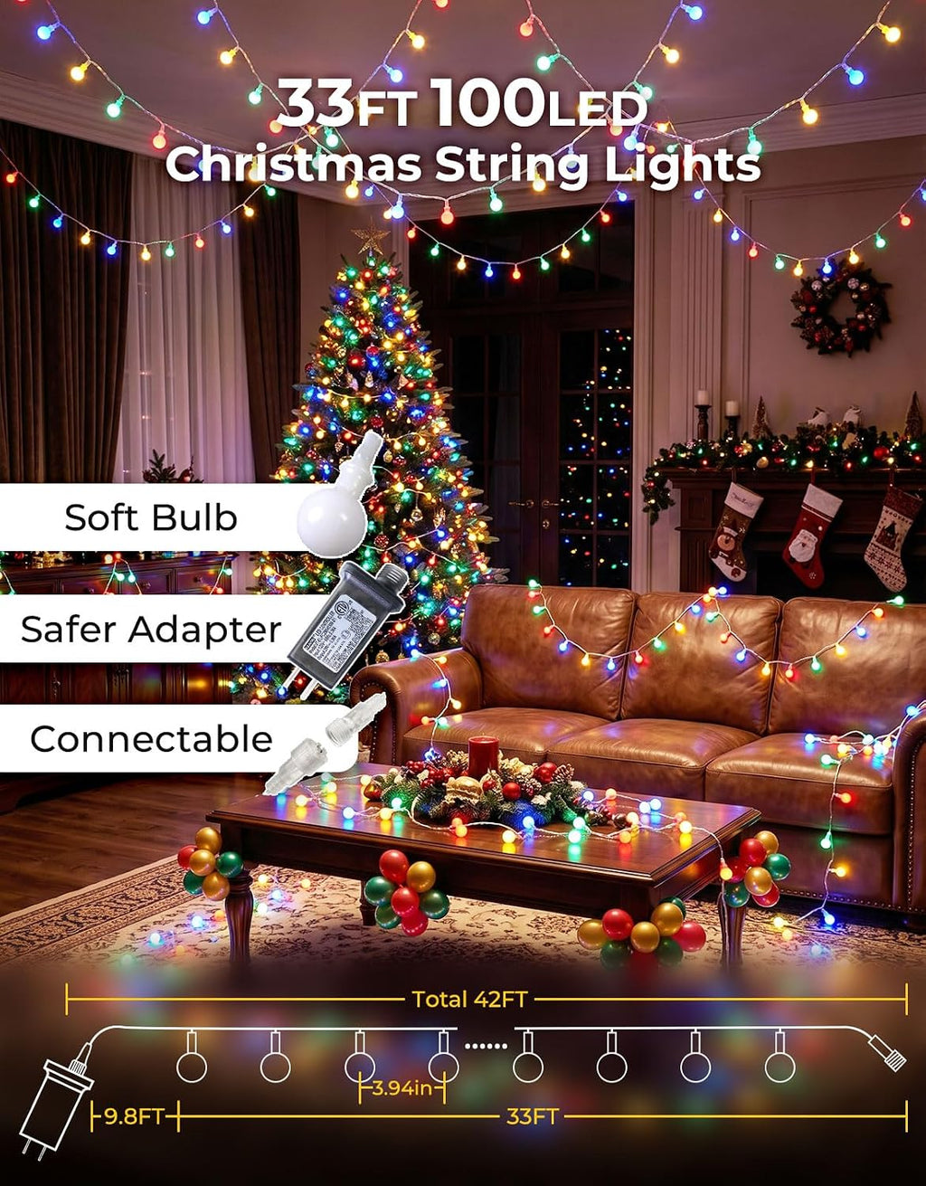 LitHome 33FT Globe String Lights for Indoor Bedroom Connectable, Multicolor