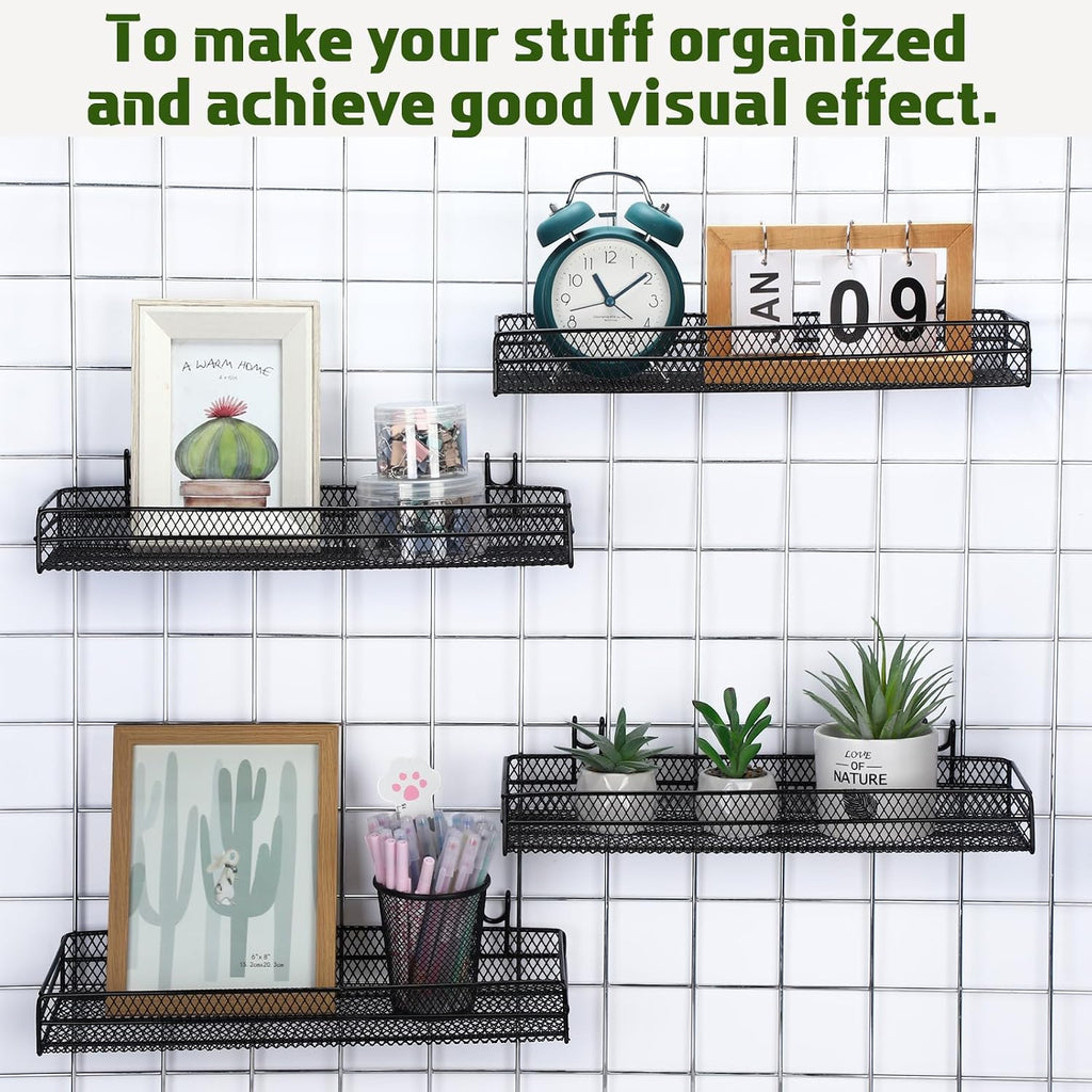 4 Pcs Black Metal Grid Wall Baskets with Hooks Hanging Wire Mesh Basket for Gridwall Wall Mounted Storage Organizer for Home Kitchen Organizing Display