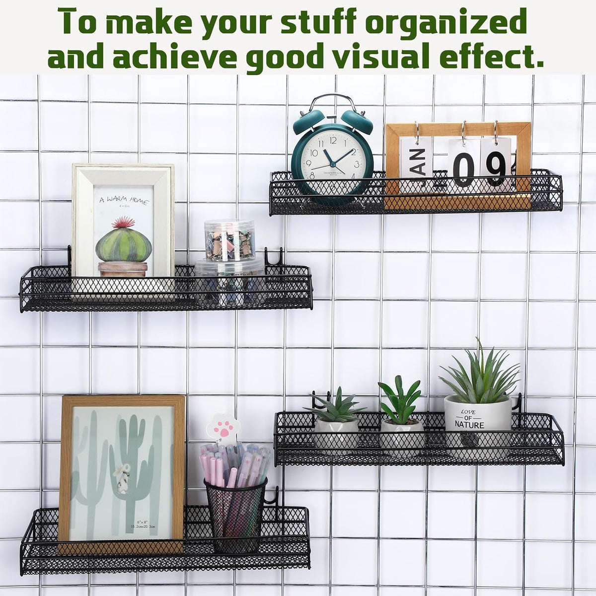 4 Pcs Black Metal Grid Wall Baskets with Hooks Hanging Wire Mesh Basket for Gridwall Wall Mounted Storage Organizer for Home Kitchen Organizing Display