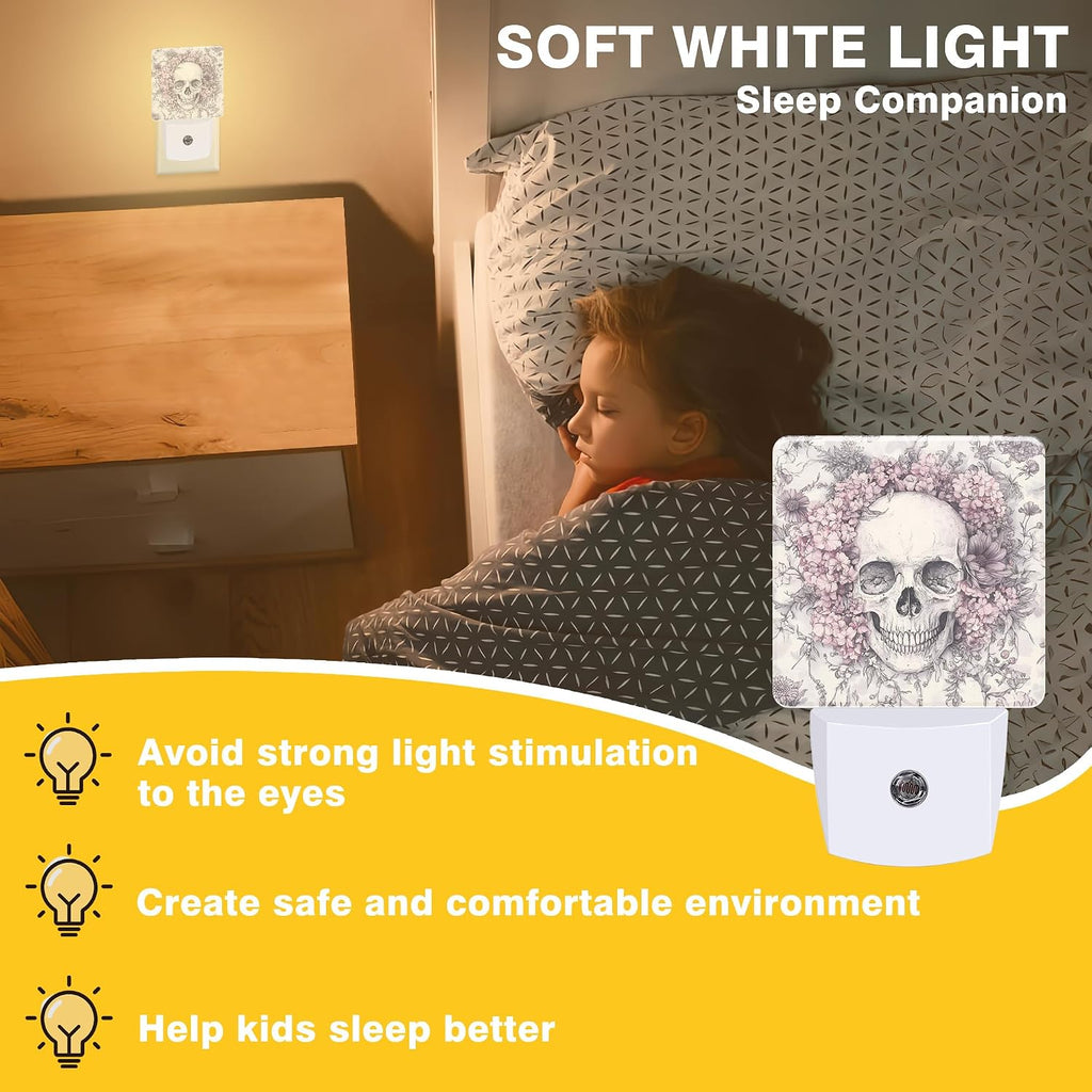 Skull with Pink Flowers Night Light, Plug-in Nightlight with Dusk to Dawn Auto Sensor for Home Bedroom Hallway Kitchen 0.5W Sleep Friendly Led Lamp for Women Men