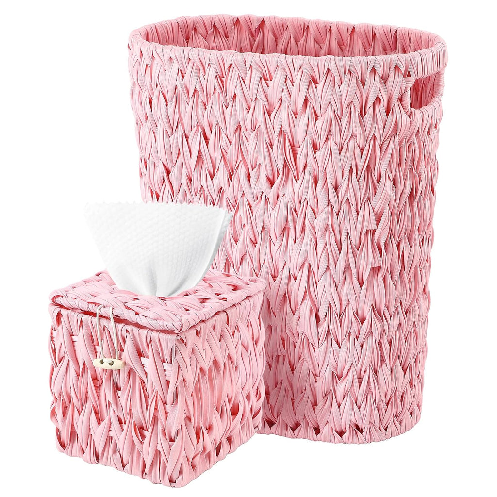 BSSN Wicker Trash Can and Square Tissue Box Cover, 4 Gallon Water Hyacinth Bathroom Trash Can, Handwoven Napkin Holder, Narrow Small Waste Basket, Rustic Decorative Home Set for Bedroom,Office (Pink)