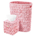 BSSN Wicker Trash Can and Square Tissue Box Cover, 4 Gallon Water Hyacinth Bathroom Trash Can, Handwoven Napkin Holder, Narrow Small Waste Basket, Rustic Decorative Home Set for Bedroom,Office (Pink)