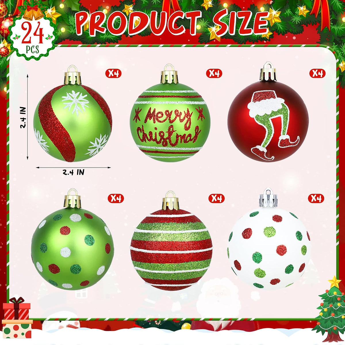24Pcs 2.4 Inch Christmas Ball Ornaments for Tree, Glittering Red Green White Elf Bulbs Set for Christmas Tree Decorations, Plastic Shatterproof Hanging Ornament Xmas Baubles for Home Party Decor