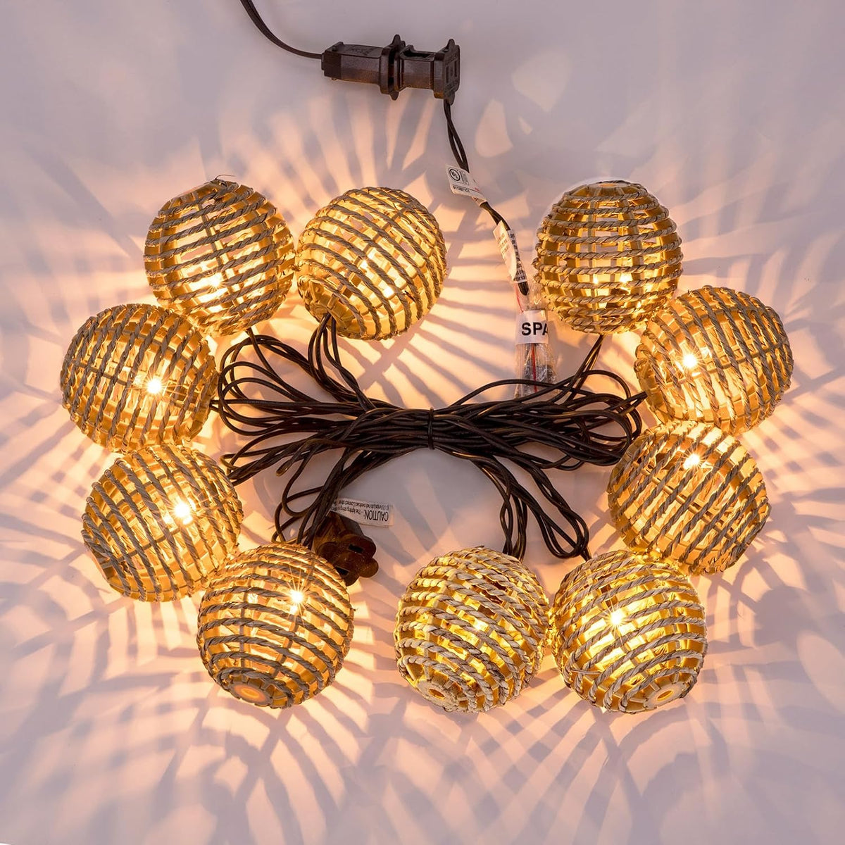 Decorative Outdoor Patio String Lights, Seagrass Rattan Wire Ball Style Lantern String Lights, Connectable Weatherproof Indoor Outdoor Globe Boho String Light for Home Pergola Garden Party Backyard