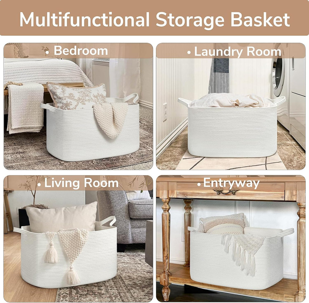 Goodpick Large Woven Rope Blanket Basket, Rectangle, White, 75L