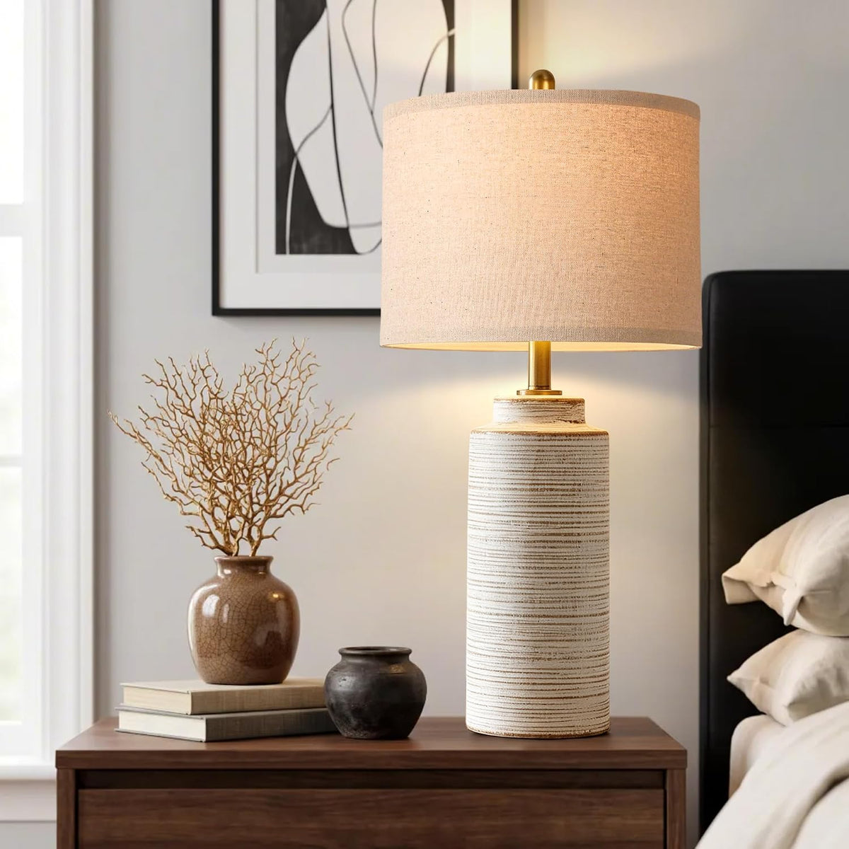 PARTPHONER 27" Vintage Ceramic Table Lamp Set of 2, Farmhouse Bedside Lamps with Ribbed Textured Finish, Rustic Nightstand Lamps for Living Room Bedroom End Tables Home Decor