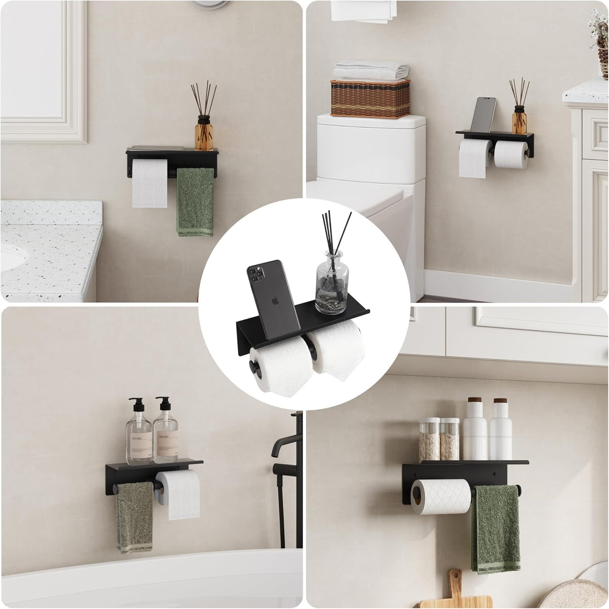 Self Adhesive Aluminum Waterproof Toilet Paper Holder with Shelf Black