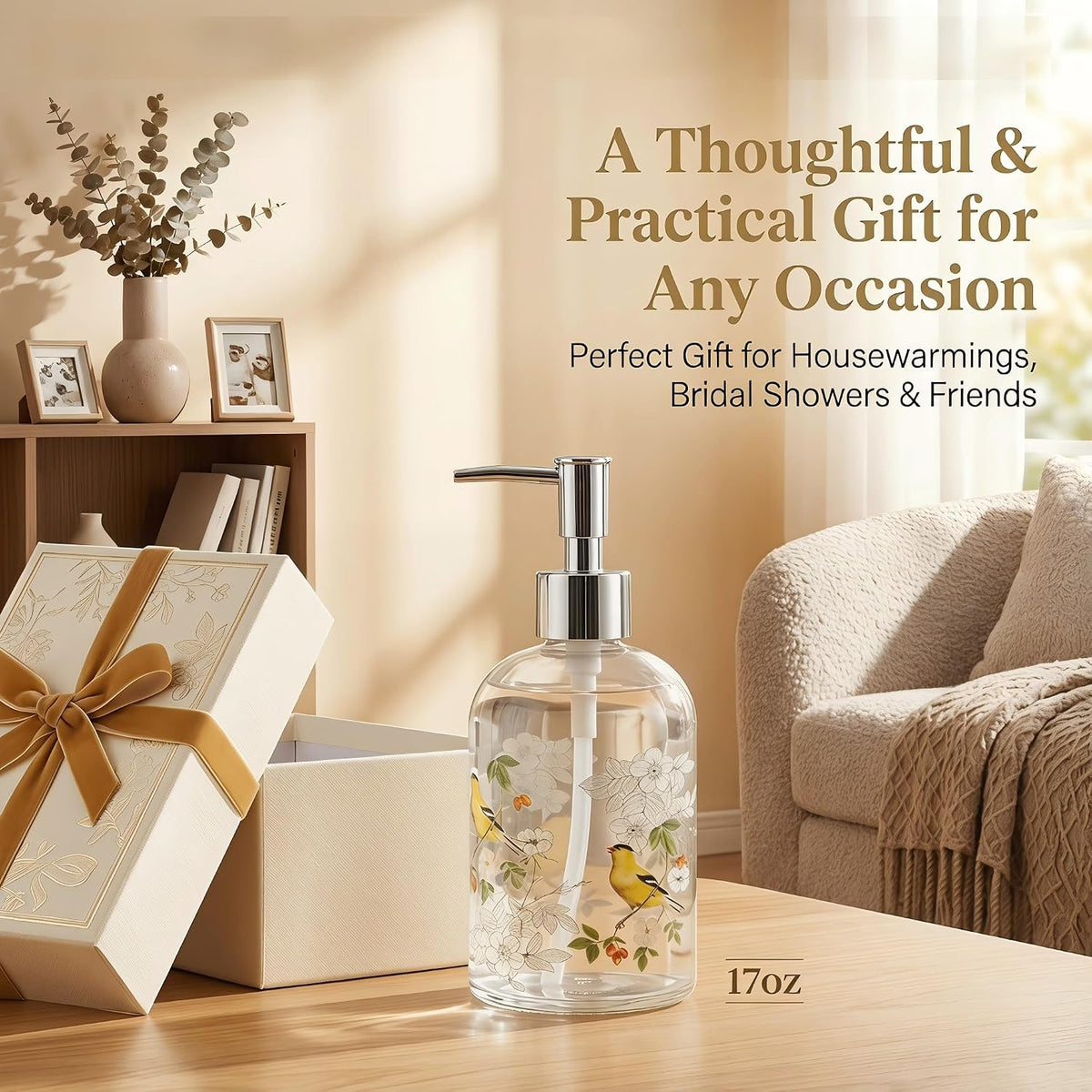 Topadorn 2 Pack 17oz Glass Soap Dispensers, Floral & Goldfinch Bird
