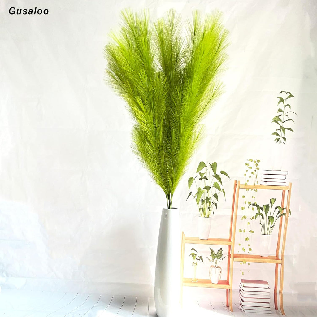 6 Pcs Artificial Pampas Grass Large, 47"/121cm Fake Faux Artificial Pampas Grass Decor Tall Stems Fluffy Pompous Pompass Branch Floor Vase Filler for Home Decor Boho Decor Wedding Grass Green