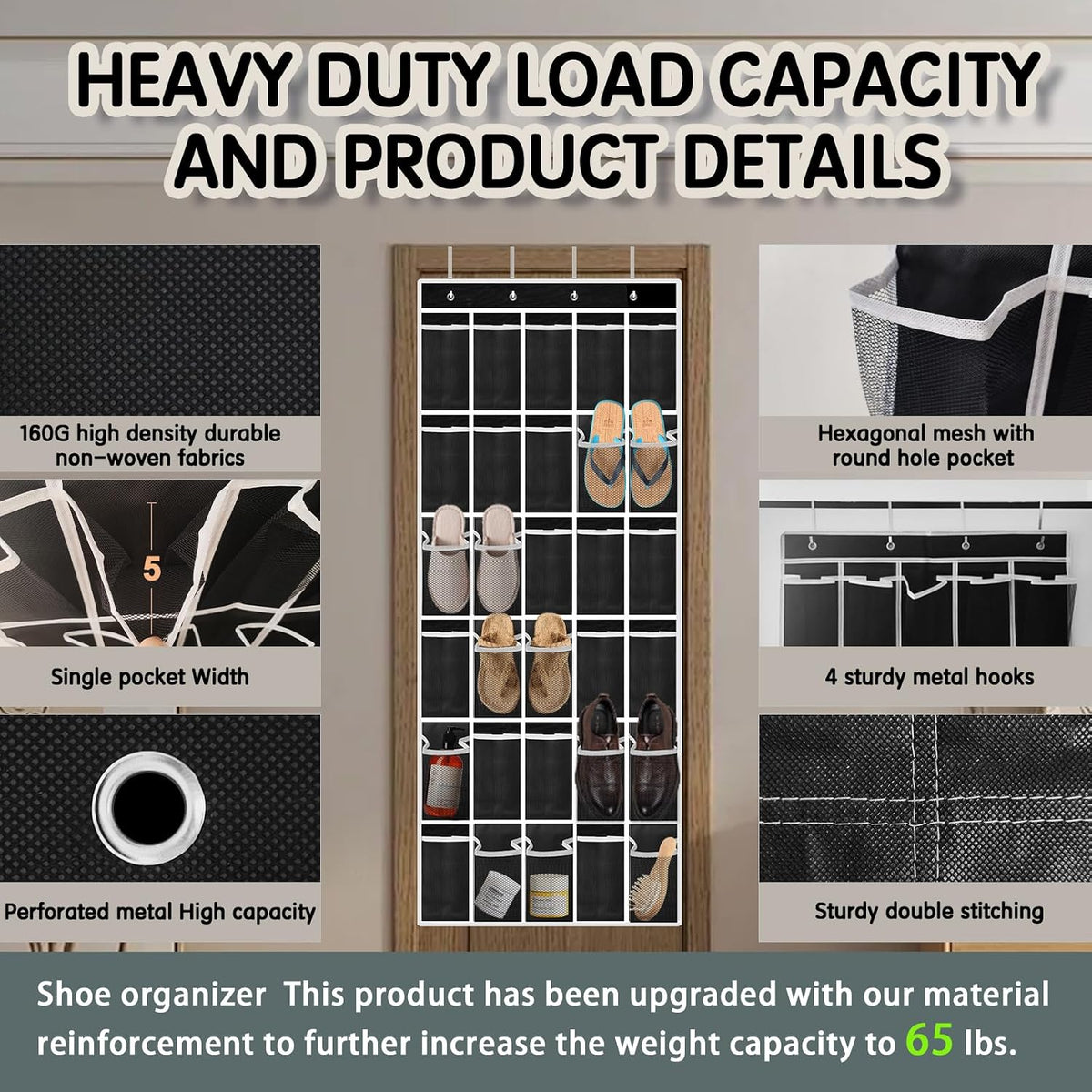 Over the Door Shoe Organizer with 30 Breathable Mesh Pockets (2PC-Black)