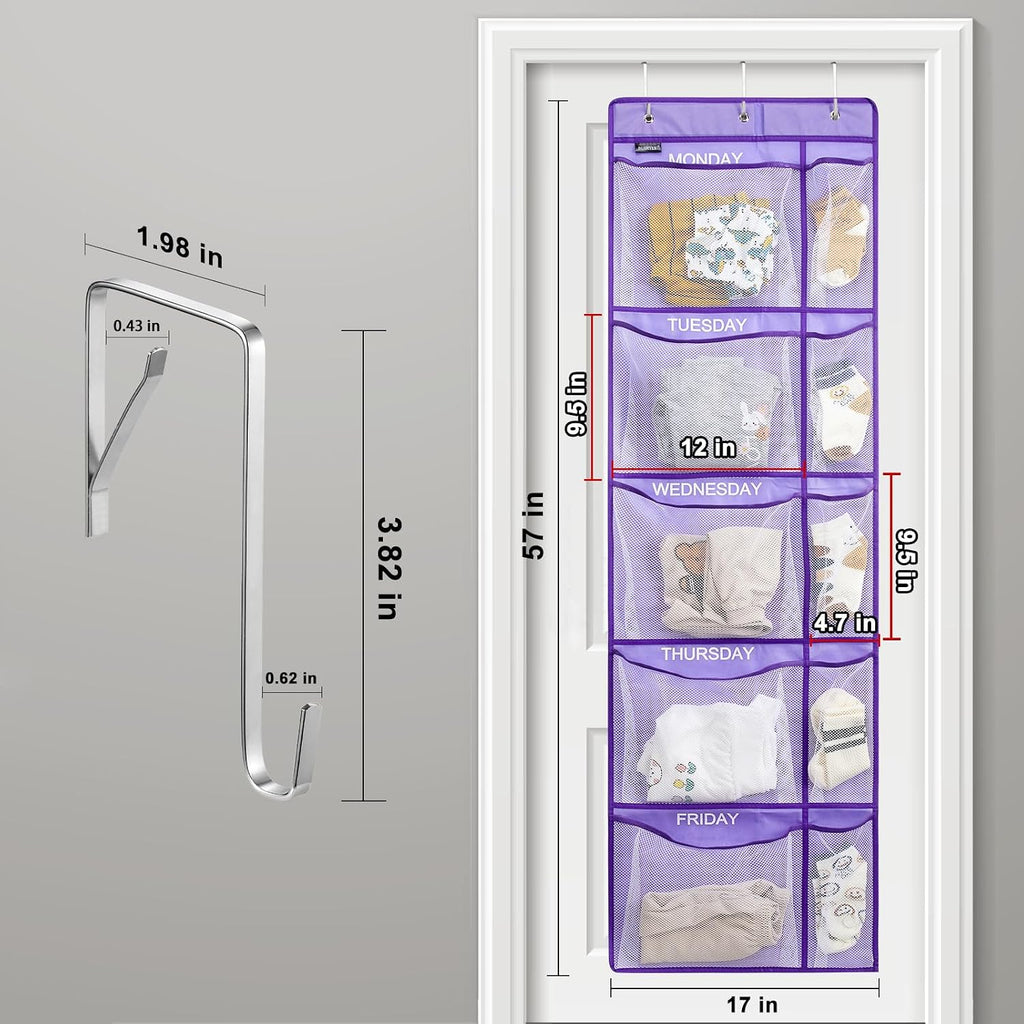 Weekly Clothes Organizer for Kids, Monday to Friday Hanging Closet Organizer, 5-Shelf Large Capacity School Storage with Side Pockets, Purple (Quantity 1)