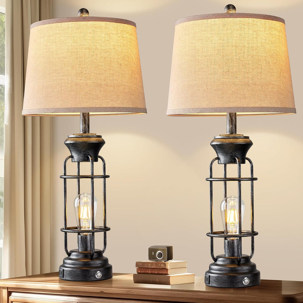 Reaketon 28" Table Lamp for Living Room with USB Charging Ports, Tall Table Lamp Set of 2,3-Way Dimmable Lamps for Bedroom, Bedside Lamp for End Tables, Industrial Nighstand Lamps,Bulbs Included