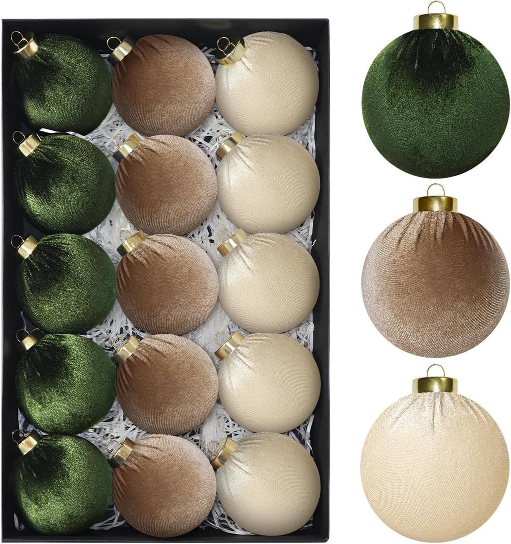 15Pcs 3.15" Large Green and Brown Velvet Balls Ornaments for Christmas Tree