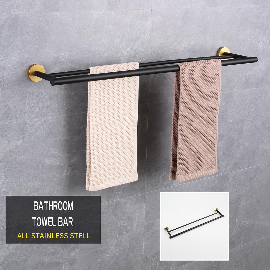 GERZWY Bath Double Towel Bar 30-Inch Stainless Steel Bathroom Towel Rail Wall Mounted Hand Towel Holder Black & Gold