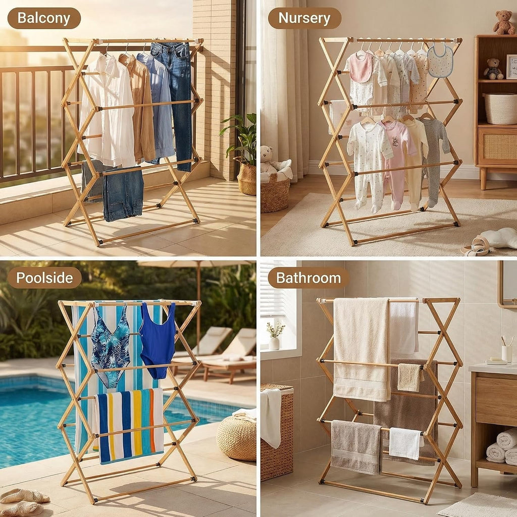 FJO Foldable Bamboo Clothes Drying Rack, 3-Tier Collapsible Laundry Clothes Hanger, Portable Wooden Drying Rack, Space Saving Indoor Outdoor, 28'' D x 15'' W x 39.3'' H, Beige