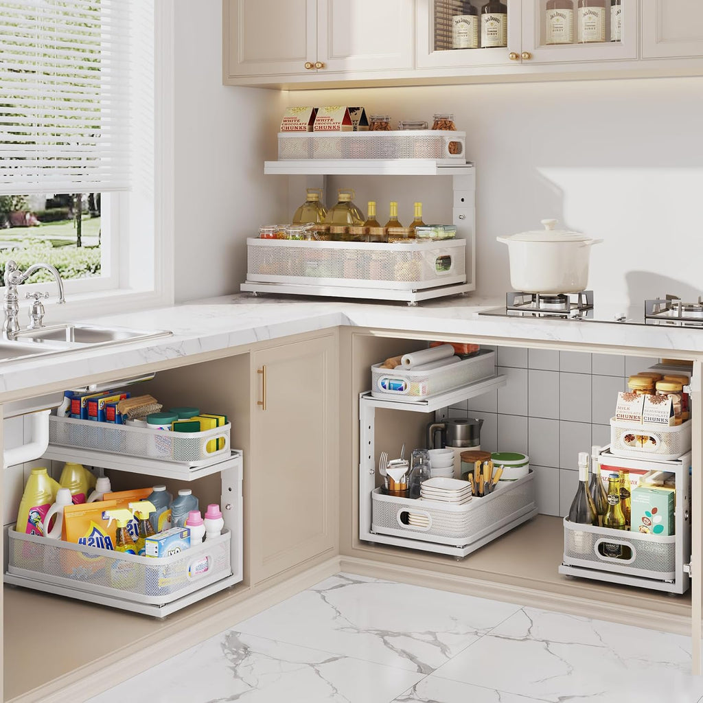2 Pack 18.5IN-Depth Under Sink Organizer With Next-Gen Ball-Bearing Slides,2-Tier Precision Mesh Pull Out Cabinet Storage for Bathroom&Kitchen,Height Adjustable Drawers Shelf,Anti-rust-White