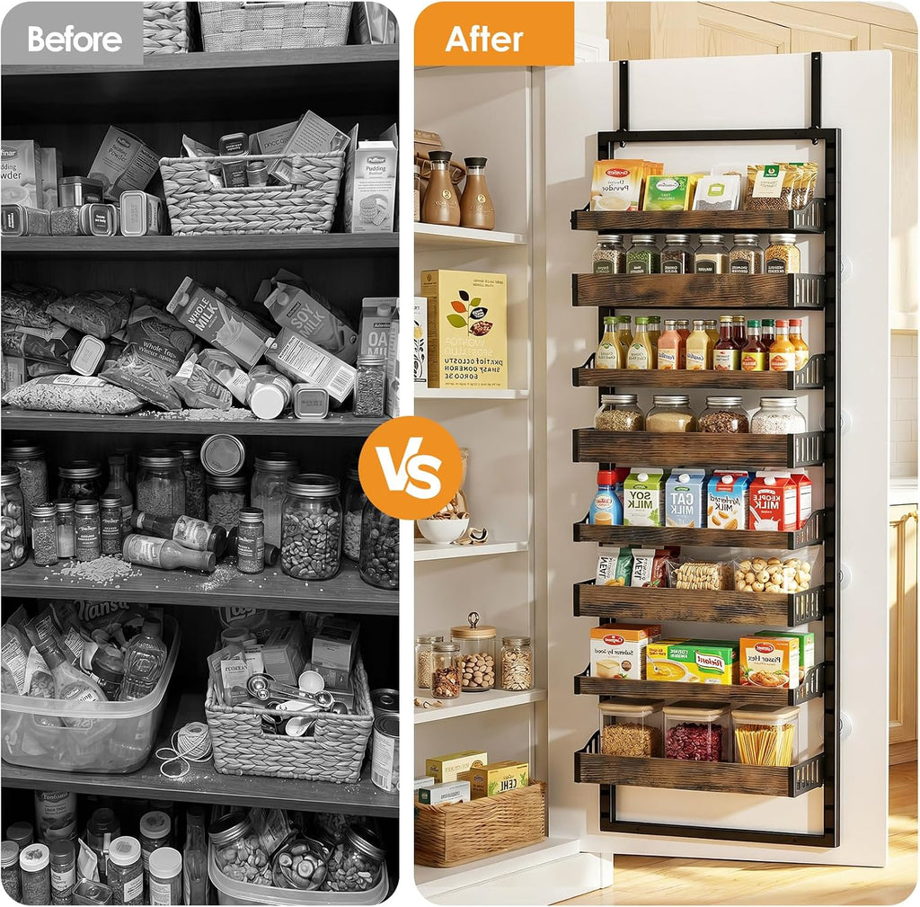 8 Tier Over The Door Pantry Organizer, Adjustable Basket, Brown