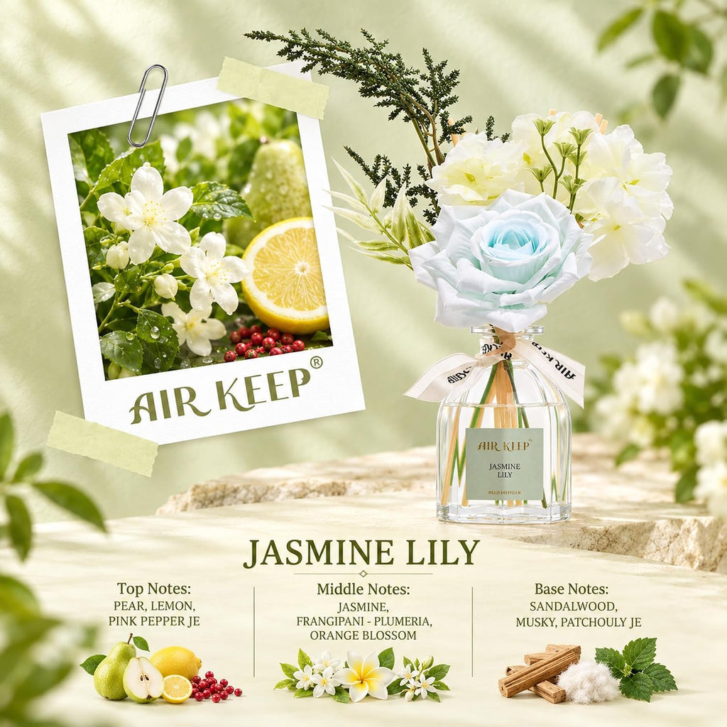 Airkeep Jasmine Lily Flower Reed Diffuser Set, 4.06 fl oz