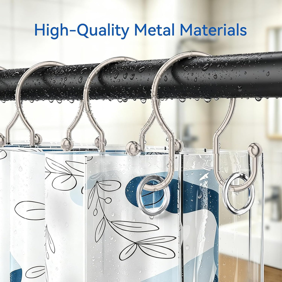 OEH Shower Curtain Hooks, 12 Pcs Minimalist Shower Curtain Rings, Metal Shower Curtain Hangers, Double Hook Shower Curtain Hooks Rust Proof, Glide Smoothly Shower Hooks for Shower Curtain Rod, Nickel