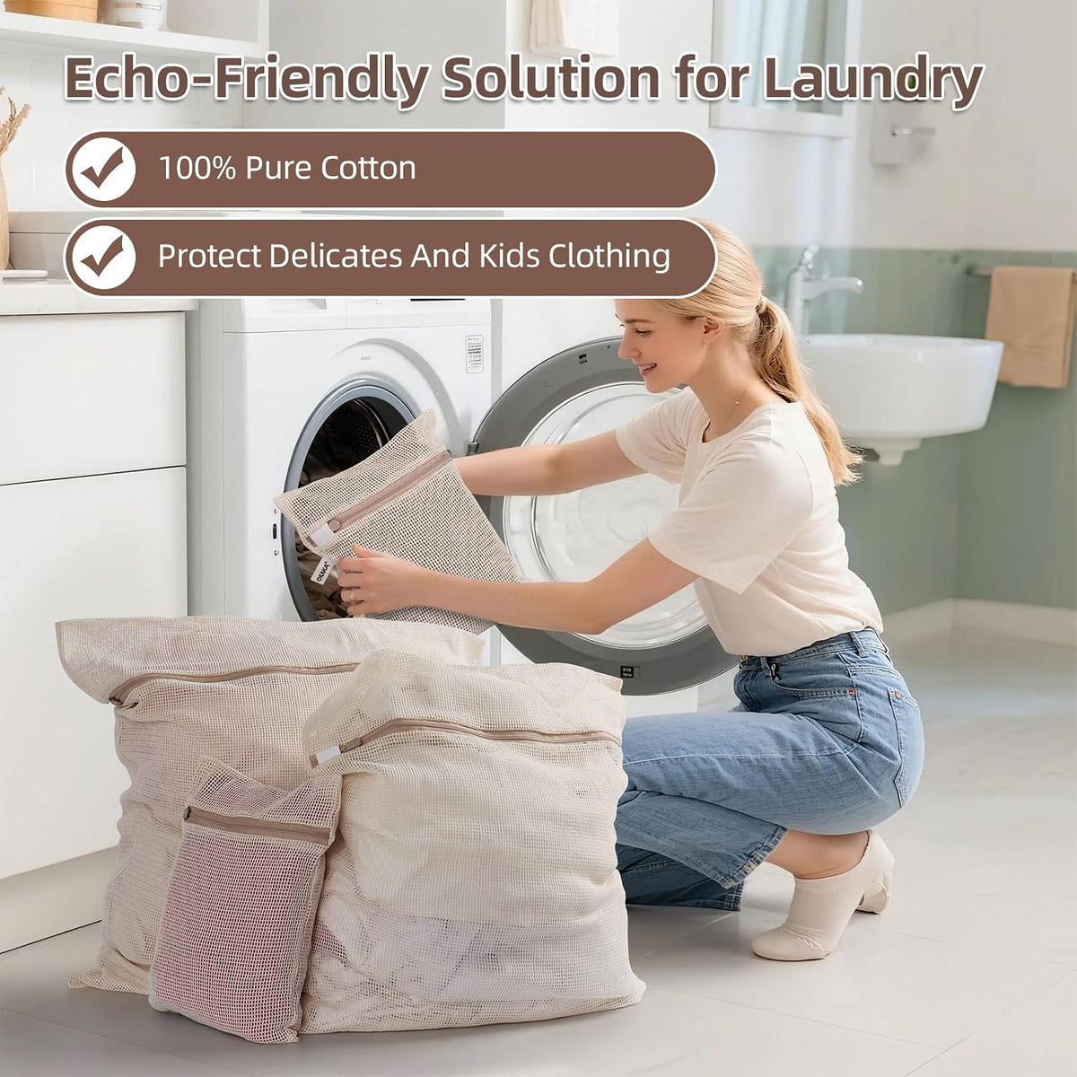 100% Cotton Mesh Laundry Bags, Premium Soft, No Dye, 4 Pcs, Natural