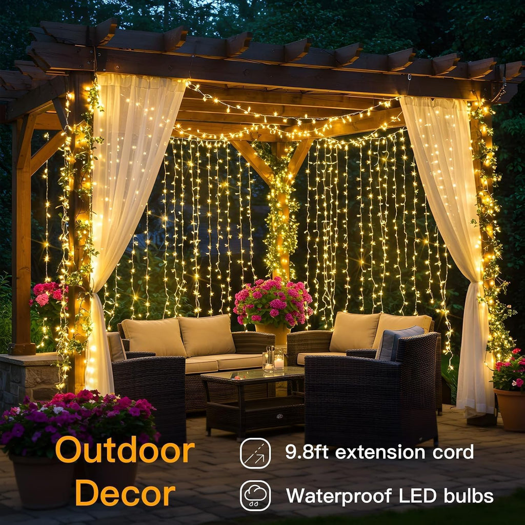 suddus Curtain Lights for Bedroom, 200 Led Hanging String Light Outdoor, Fairy Curtain Lights Indoor for Christmas, Dorm, Wall, Backdrop, Window, Wedding, Party, Birthday Decor, Warm White