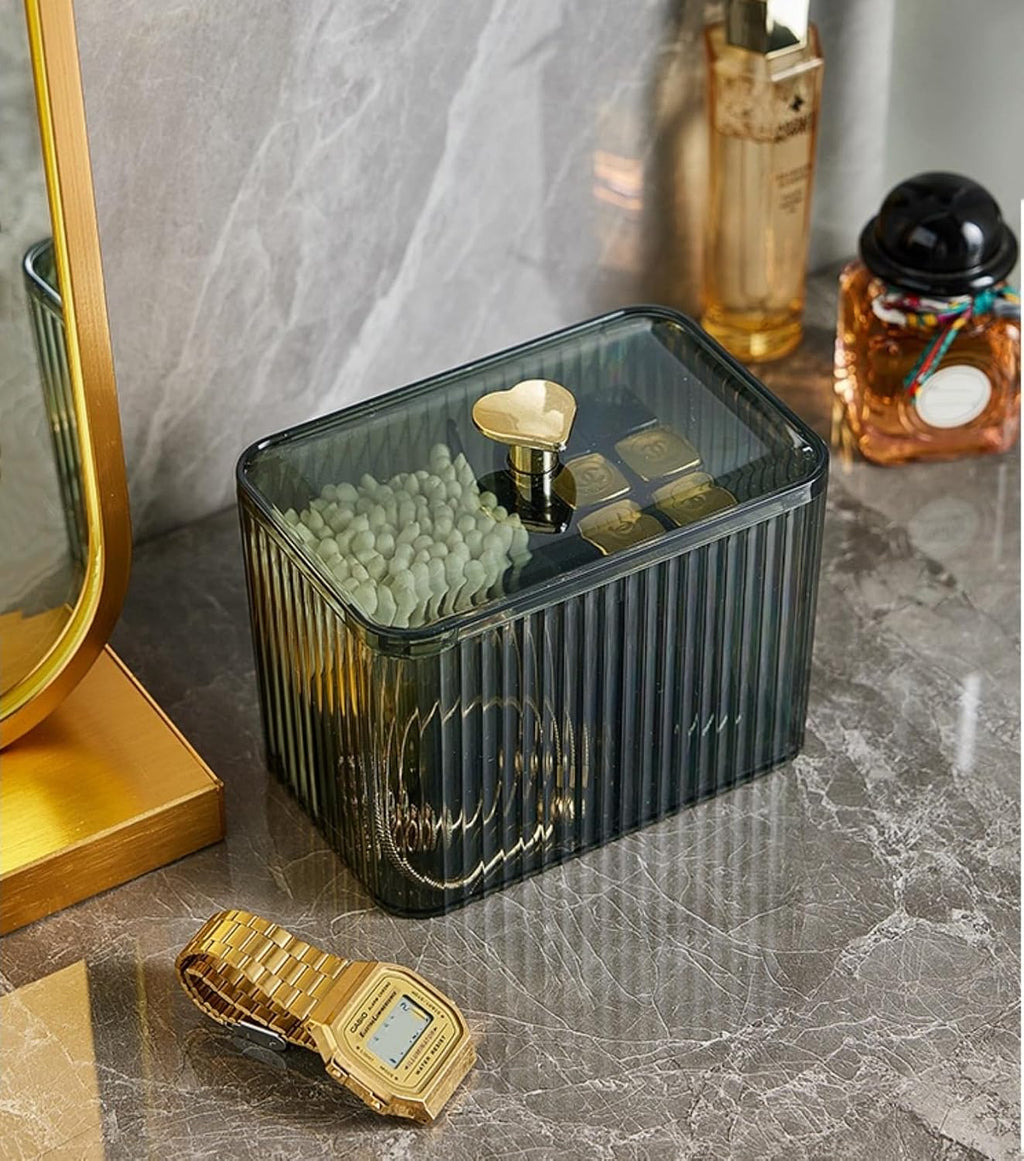 Qtips Holder Dispenser 3 Compartments Cotton Ball Holder Cotton Swabs Holders Organizer Acrylic Bathroom Container with Lid for Swab Pads Cosmetics(Green)