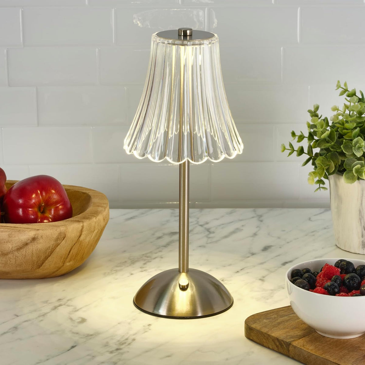 Elements 11.8-Inch Silver Rechargeable LED Table Lamp with Touch Control - 3 Color Temperature Settings, Stepless Dimming, Metal Construction with Acrylic Shade, USB-C Charging, 1200mAh Battery