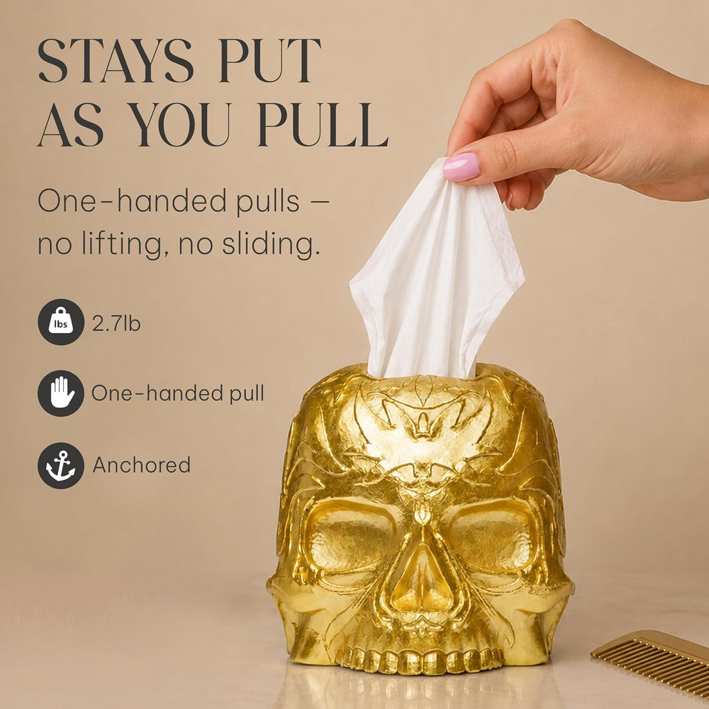 Gothic Skull Tissue Box Cover, Gold, Square by Death Decor