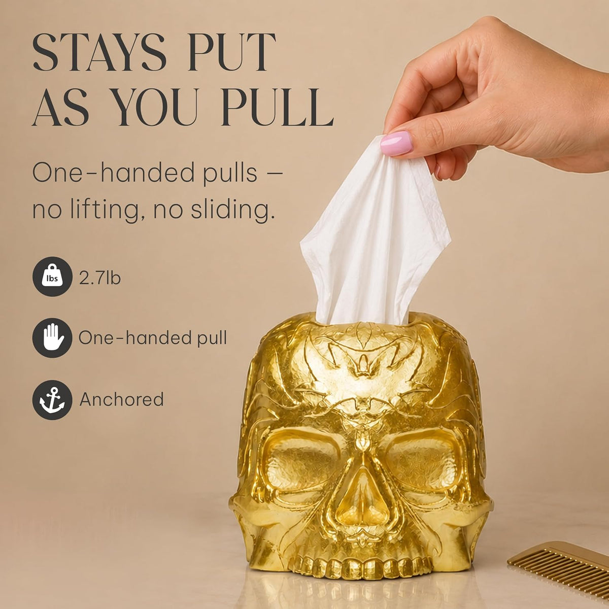 Gothic Skull Tissue Box Cover, Gold, Square by Death Decor