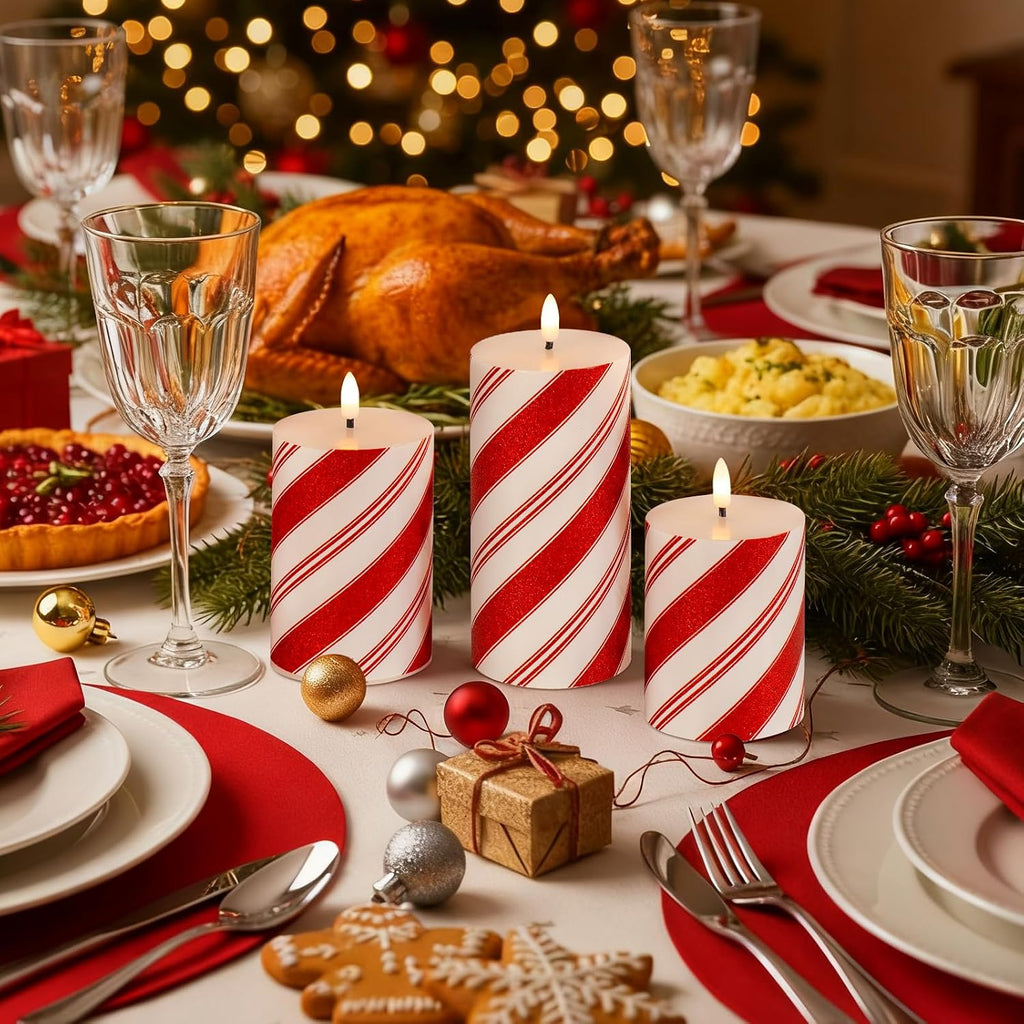 Christmas Glitter Red Stripes LED Flameless Candles, Battery Operated Real Wax Pillar Candles with Remote and Timer for Holiday Table Centerpieces Home Decorations, Set of 3