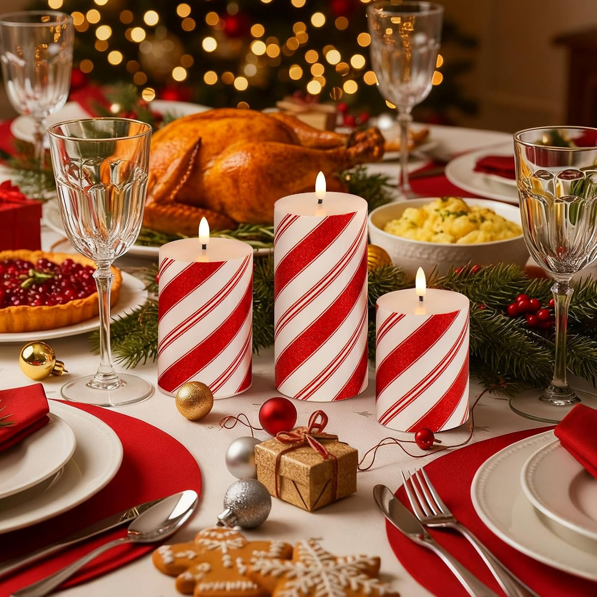 Christmas Glitter Red Stripes LED Flameless Candles, Battery Operated Real Wax Pillar Candles with Remote and Timer for Holiday Table Centerpieces Home Decorations, Set of 3