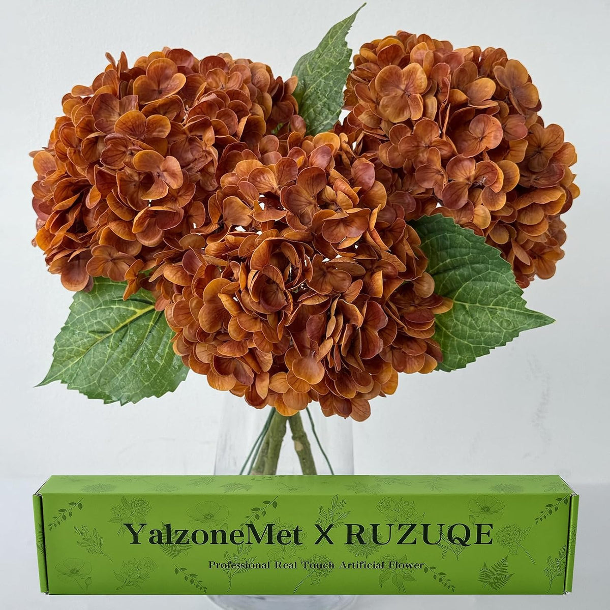 YalzoneMet 3 Pcs Orange Brown Hydrangea Artificial Flowers 21‘’ Real Touch Latex Hydrangea Fake Flowers for Fall Home Decor Party Kitchen Bedroom Bronze Vintage Flower Table Centerpieces