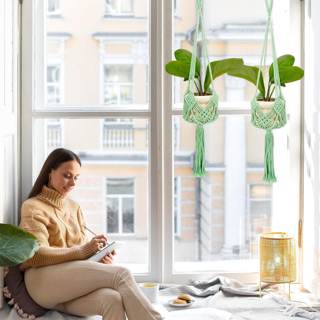 2 Pack Macrame Plant Hangers, 33-Inch Cotton Rope Hanging Planters with Diamond Design, Boho Home Decor for Indoor and Outdoor Use, Green