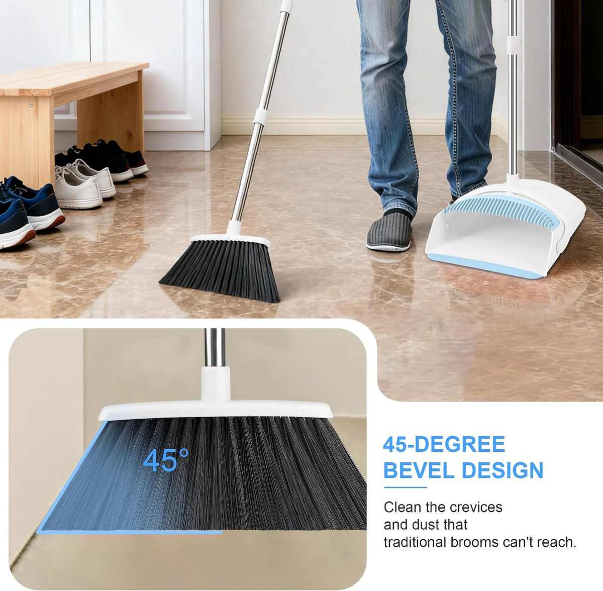 BSKLIN Broom and Dustpan Set, Broom with Dustpan Combo Set with Teeth to Clean Pet Hair 52-in Long Adjustable Handle Broom for Home Office Kitchen Lobby (White&Blue)