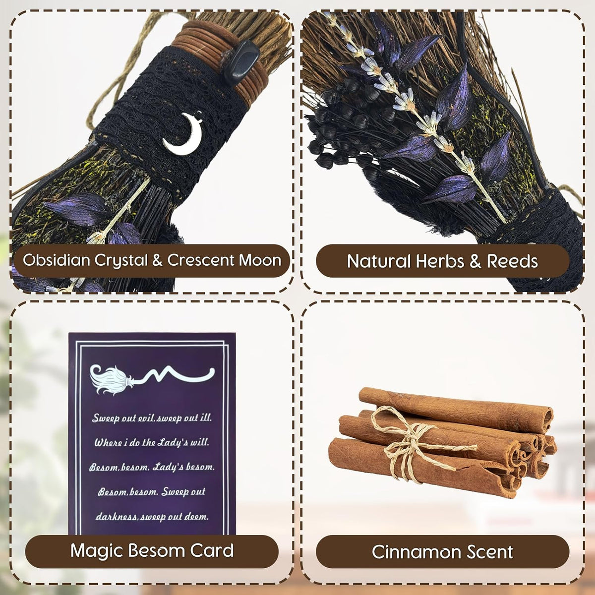 Cinnamon Broom 7.5 Inch Handmade Witch Broom for Altar (Black)