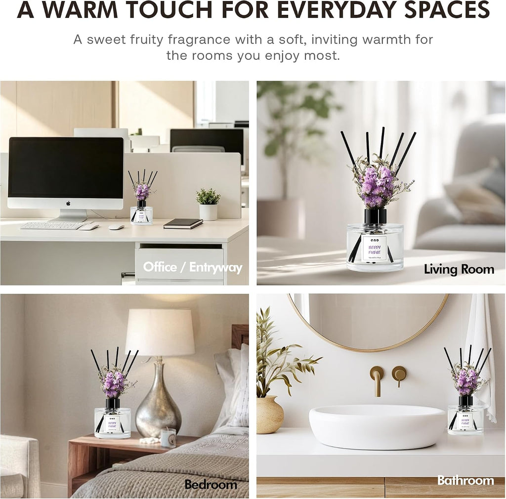 Reed Diffuser Set with Dried Flowers, 5.1 fl oz / 150ml, Berry Fudge - Home Fragrance Diffuser with Sticks for Bathroom Shelf Decor, Bedroom, Office & Gift