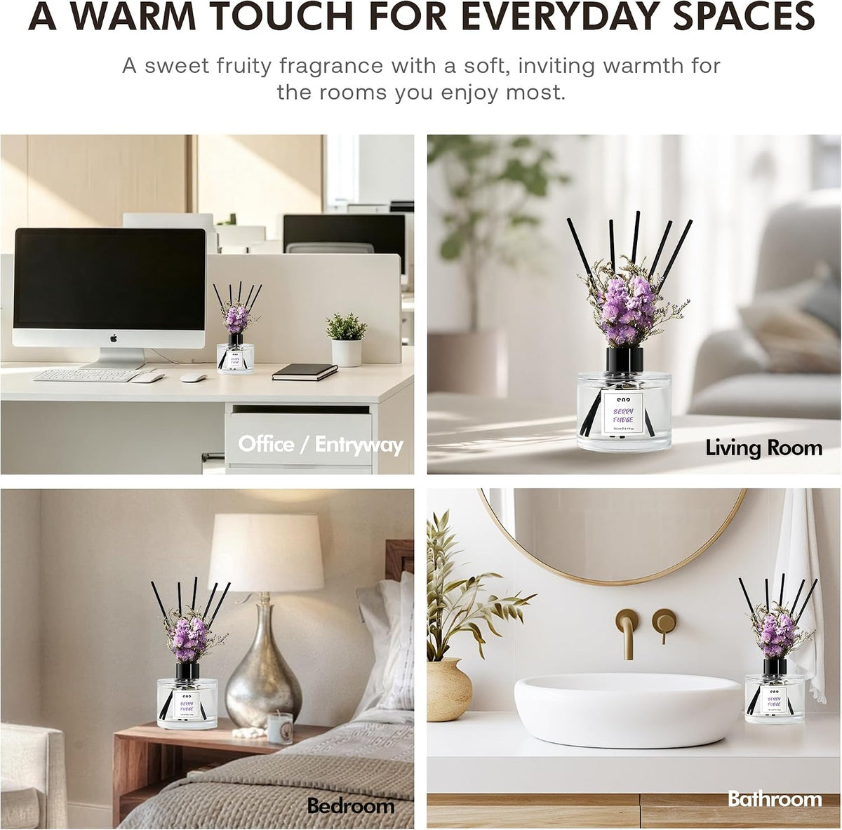 Reed Diffuser Set with Dried Flowers, 5.1 fl oz / 150ml, Berry Fudge - Home Fragrance Diffuser with Sticks for Bathroom Shelf Decor, Bedroom, Office & Gift