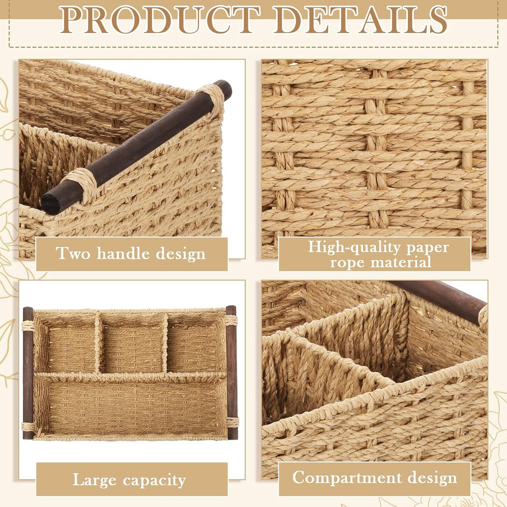 Remerry Beige Bathroom Countertop Organizer Caddy, Wicker-Like Divided Basket with Handle and Metal Frame, 4 Compartment, Paper Rope Storage Organizer for Vanity Kitchen (15.35 x 10.24 x 6.3 in)