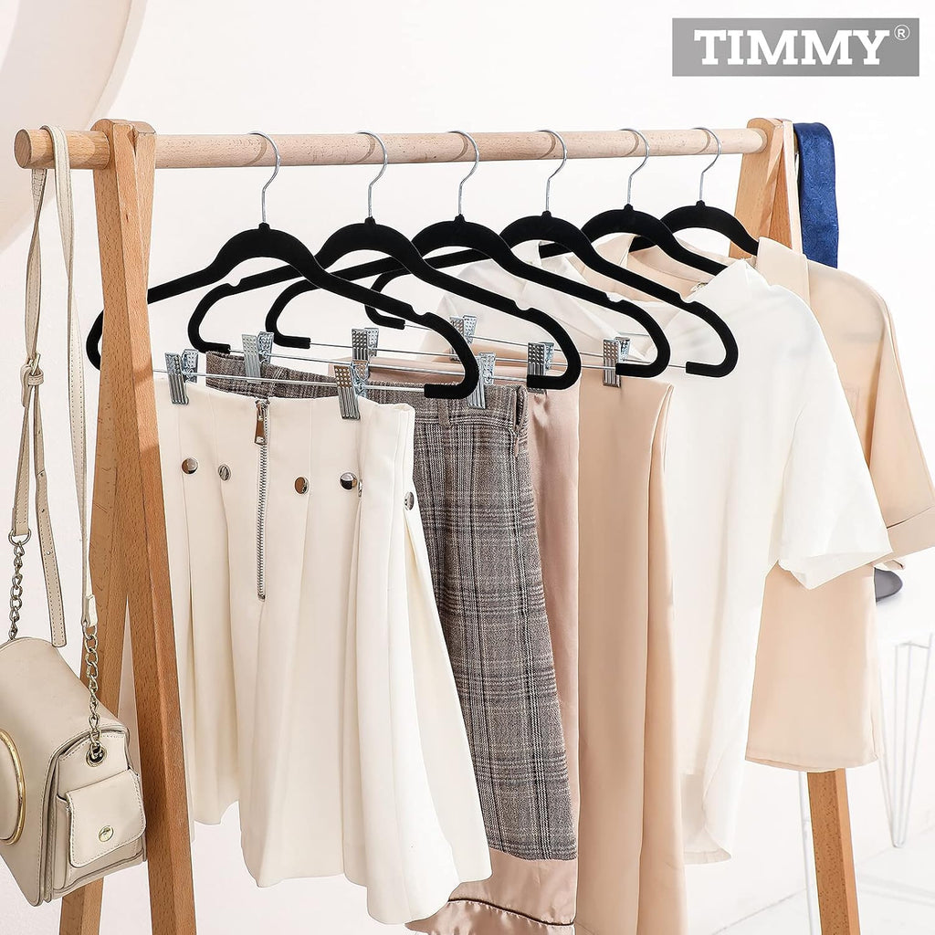 TIMMY 30 Pack Velvet Pants Hangers with Adjustable Clips, Black, Non-Slip